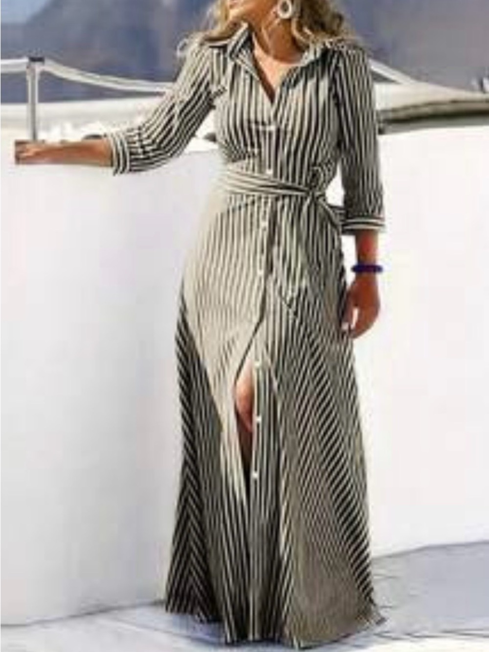 Striped Button-Front Maxi Shirt Dress in Black and White